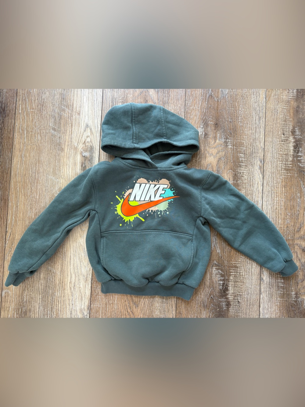 Nike Kids Olive Green Hoodie with Neon Graphic